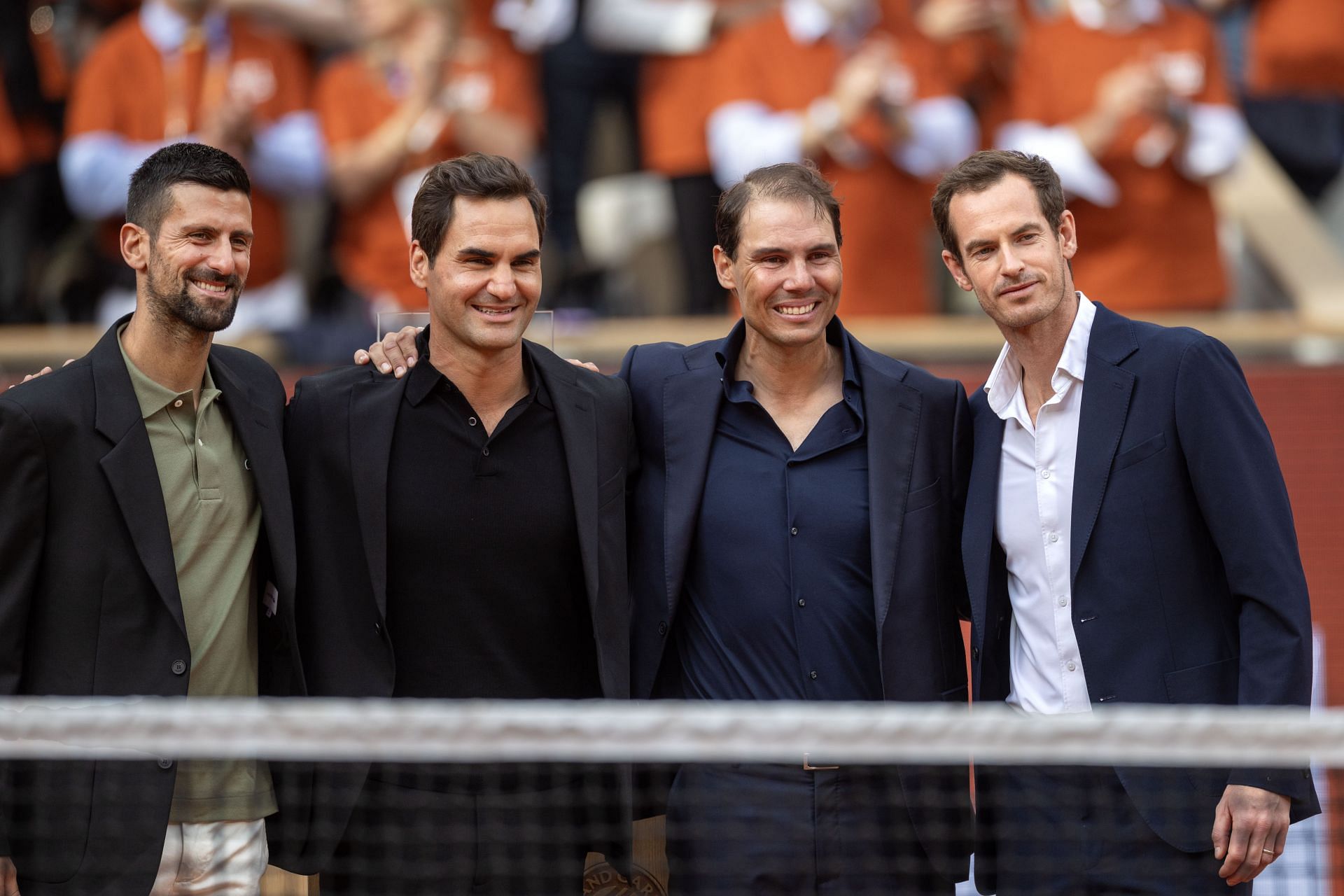 From left to right: Novak Djokovic, Roger Federer, Rafael Nadal, Andy Murray at the 2025 French Open tribute ceremony in the Spaniard's honor (Source: Getty)